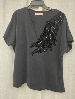 Traffic People Black Beaded Velvet Angel Wing Feather Top L